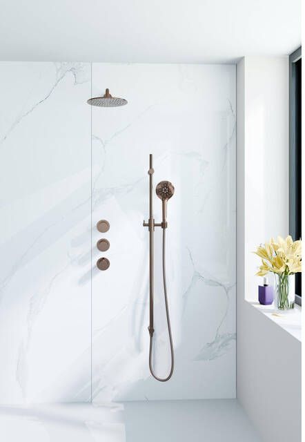 Fortifura Nebbio Regendoucheset inbouwkraan inbouwdeel glijstang doucheslang metaal ronde handdouche 35cm wandarm ronde hoofddouche geborsteld koper PVD (koper) SW1183069 SW1111533 SW970048 SW970047 SW970043 SW1