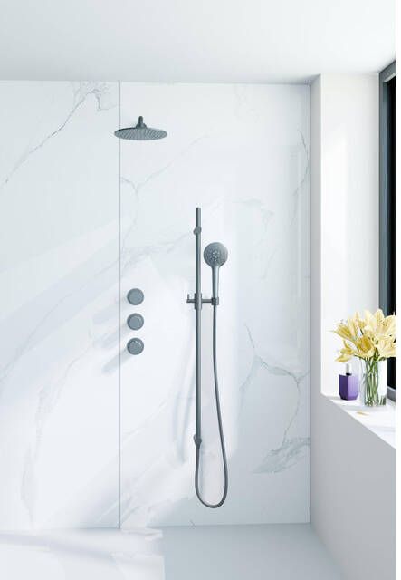Fortifura Nebbio Regendoucheset inbouwkraan inbouwdeel glijstang doucheslang metaal ronde handdouche 35cm wandarm ronde hoofddouche geborsteld gunmetal PVD SW1183068 SW1111532 SW706207 SW799451 SW720563 SW1