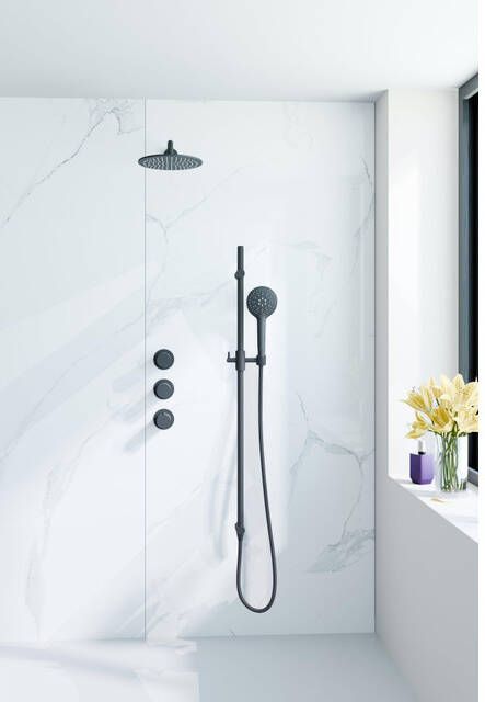 Fortifura Nebbio Regendoucheset inbouwkraan inbouwdeel glijstang doucheslang metaal ronde handdouche 35cm wandarm ronde hoofddouche zwart mat SW1183065 SW1111528 SW706203 SW496816 SW720560 SW1