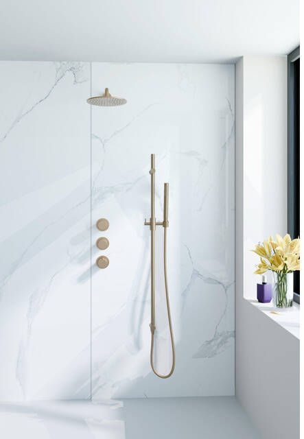 Fortifura Nebbio Regendoucheset inbouwkraan inbouwdeel glijstang doucheslang metaal staaf handdouche 35cm wandarm ronde hoofddouche geborsteld messing PVD (goud) SW1183067 SW1111531 SW706206 SW720570 SW720562 SW1