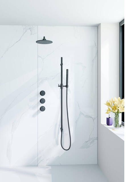 Fortifura Nebbio Regendoucheset inbouwkraan inbouwdeel glijstang doucheslang metaal staaf handdouche 35cm wandarm ronde hoofddouche zwart mat SW1183065 SW1111528 SW706203 SW496811 SW720560 SW1