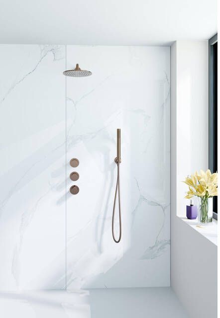 Fortifura Nebbio Regendoucheset inbouwkraan inbouwdeel wandaansluitbocht- doucheslang metaal staafhanddouche 35cm wandarm ronde hoofddouche geborsteld koper PVD (koper) SW1183069 SW1183082 SW970045 SW970048 SW970046 SW9