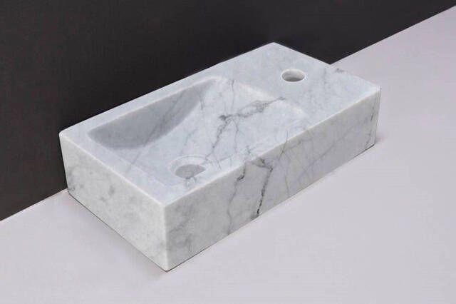 Forzalaqua Venetia fonteinbak 40x22x10cm wasbak links 1 kraangat rechts Natuursteen Carrara gepolijst 100430