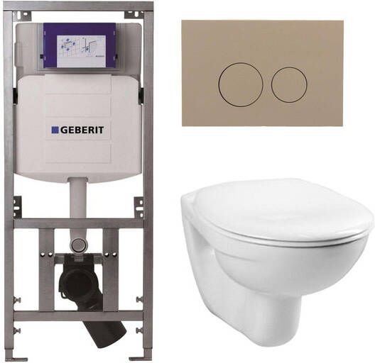 Geberit Adema Classico toiletset bestaande uit inbouwreservoir en toiletpot basic toiletzitting bedieningsplaat taupe ronde knoppen wit 4345100 0261520 SW1102378 0701131