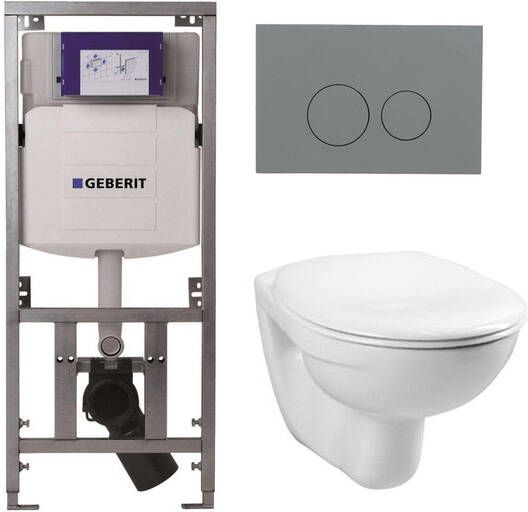 Geberit Adema Classico toiletset bestaande uit inbouwreservoir en toiletpot basic toiletzitting en bedieningsplaat licht grijs ronde knoppen wit 4345100 0261520 SW1102374 0701131