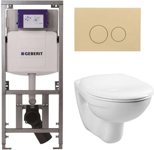 Geberit Adema Classico toiletset bestaande uit inbouwreservoir en toiletpot basic toiletzitting en bedieningsplaat beige ronde knoppen wit 4345100 0261520 SW1102365 0701131