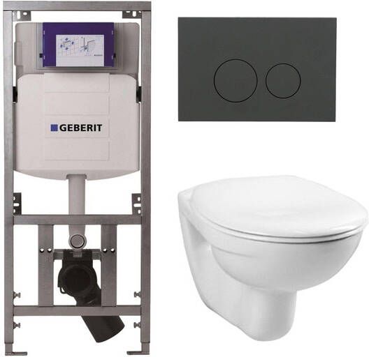 Geberit Adema Classico toiletset bestaande uit inbouwreservoir en toiletpot basic toiletzitting en bedieningsplaat mat antraciet ronde knoppen wit 4345100 0261520 SW1102376 0701131