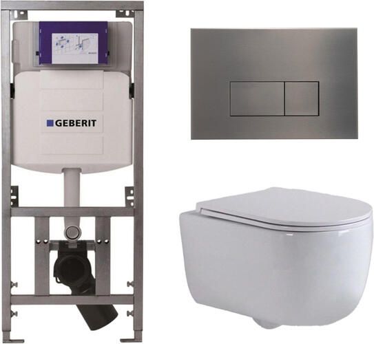 Geberit QeramiQ Dely Swirl Toiletset 36.3x51.7cm UP320 inbouwreservoir met Burda frame slim zitting gunmetal bedieningsplaat rechthoekige knoppen wit glans 0701131 SW706199 SW1000766 SW1026256