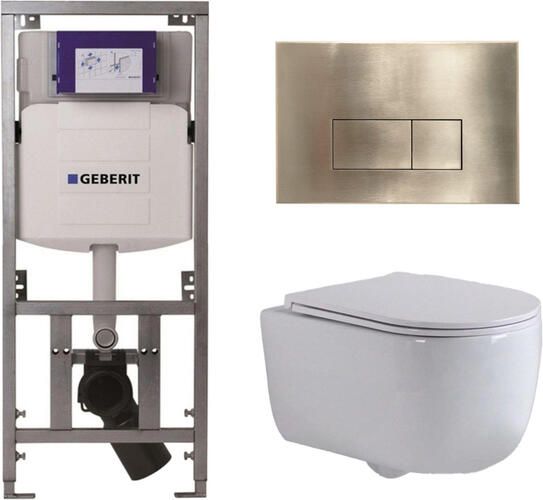 Geberit QeramiQ Dely Swirl Toiletset 36.3x51.7cm UP320 inbouwreservoir met Burda frame slim zitting geborsteld messing bedieningsplaat rechthoekige knoppen wit glans 0701131 SW706201 SW1000766 SW1026256