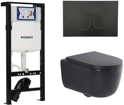 Geberit QeramiQ Dely Swirl Toiletset 36.3x51.7cm Inbouwreservoir met UP320 spoelmechanisme 35mm zitting mat zwarte metalen bedieningsplaat ronde knoppen mat zwart SW1381697 SW706192 SW1000769 SW1026258
