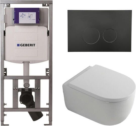 Geberit QeramiQ Dely Swirl Toiletset 36.3x51.7cm UP320 inbouwreservoir met Burda frame 35mm zitting mat zwarte metalen bedieningsplaat ronde knoppen wit glans 0701131 SW706192 SW1000767 SW1026256
