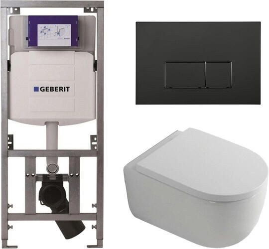 Geberit QeramiQ Dely Swirl Toiletset 36.3x51.7cm UP320 inbouwreservoir met Burda frame 35mm zitting mat zwarte bedieningsplaat rechthoekige knoppen wit glans SW1000767 Sw1026256 0701131 SW706189