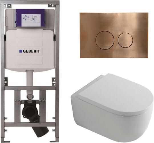 Geberit QeramiQ Dely Swirl Toiletset 36.3x51.7cm UP320 inbouwreservoir met Burda frame 35mm zitting koperen bedieningsplaat ronde knoppen wit glans 0701131 SW706196 SW1000767 SW106256 - Foto 1