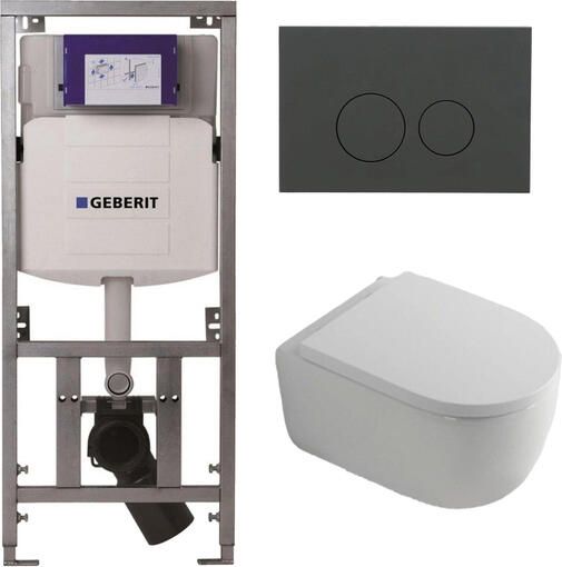 Geberit QeramiQ Dely Swirl Toiletset 36.3x51.7cm UP320 inbouwreservoir met Burda frame 35mm zitting bedieningsplaat mat antraciet ronde knoppen wit glans 0701131 SW1102376 SW1000767 SW1026256