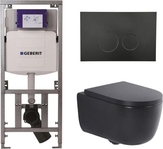 Geberit QeramiQ Dely Swirl Toiletset 36.3x51.7cm UP320 inbouwreservoir met Burda frame 35mm zitting mat zwarte metalen bedieningsplaat ronde knoppen mat zwart 0701131 SW706192 SW1000769 SW1026258
