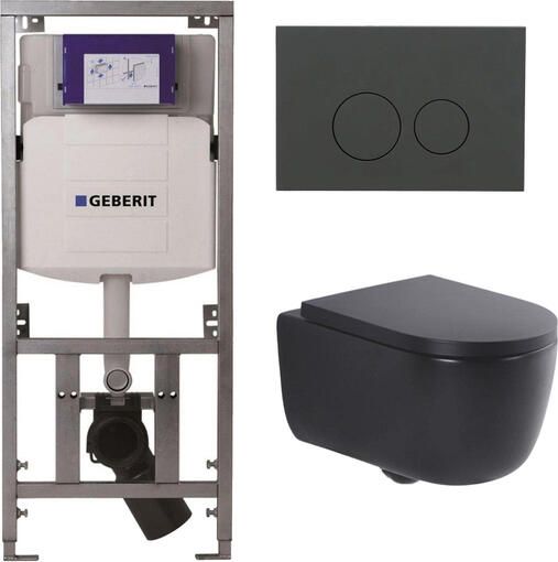 Geberit QeramiQ Dely Swirl Toiletset 36.3x51.7cm UP320 inbouwreservoir met Burda frame 35mm zitting bedieningsplaat mat antraciet ronde knoppen mat zwart 0701131 SW1102376 SW1000769 SW1026258