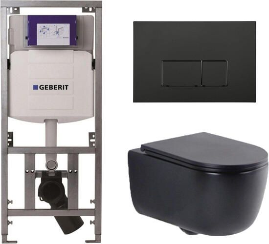 Geberit QeramiQ Dely Swirl Toiletset 36.3x51.7cm UP320 inbouwreservoir met Burda frame slim zitting mat zwarte metalen bedieningsplaat rechthoekige knoppen mat zwart 0701131 SW706193 SW1000768 SW1026258