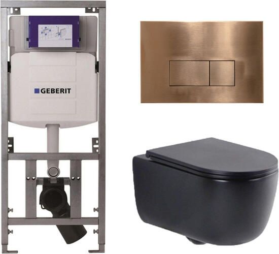 Geberit QeramiQ Dely Swirl Toiletset 36.3x51.7cm UP320 inbouwreservoir met Burda frame slim zitting koperen bedieningsplaat rechthoekige knoppen mat zwart 0701131 SW706197 SW1000768 SW1026258 - Foto 1