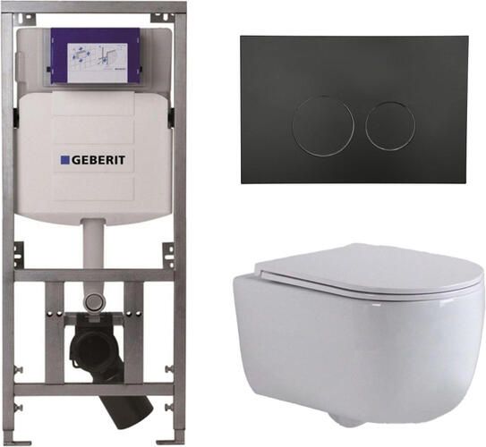 Geberit QeramiQ Dely Swirl Toiletset 36.3x51.7cm UP320 inbouwreservoir met Burda frame slim zitting mat zwarte bedieningsplaat ronde knoppen wit glans 0701131 SW706188 SW1000766 SW1026256