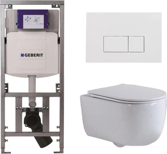 Geberit QeramiQ Dely Swirl Toiletset 36.3x51.7cm UP320 inbouwreservoir met Burda frame slimzitting glans witte bedieningsplaat rechthoekige knoppen wit glans 0701131 SW706187 SW1000766 SW1026256