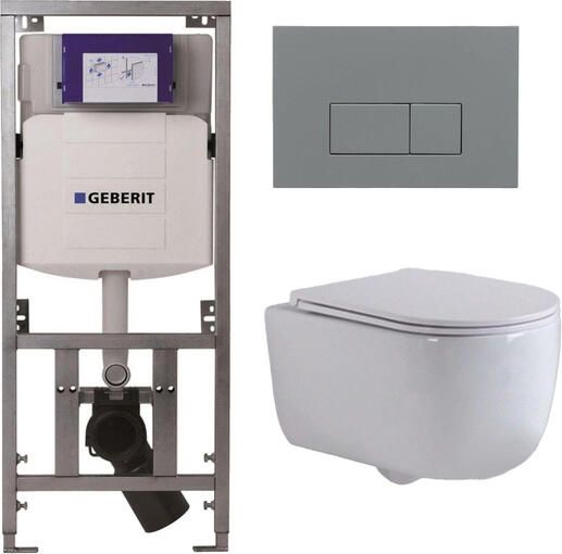 Geberit QeramiQ Dely Swirl Toiletset 36.3x51.7cm UP320 inbouwreservoir met Burda frame slimzitting bedieningsplaat licht grijs rechthoekige knoppen wit mat 0701131 SW1102375 SW1000766 SW1026257