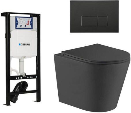 Geberit QeramiQ Dely Toiletset 36.3x51.7cm diepspoel rimless Inbouwreservoir met UP320 spoelmechanisme softclose toiletzitting mat zwarte bedieningsplaat rechtehoekige knoppen zwart mat SW1026253 SW1381697 SW706189 SW1000768