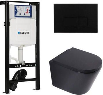 Geberit QeramiQ Dely Toiletset 36.3x51.7cm diepspoel rimless Inbouwreservoir met UP320 spoelmechanisme softclose toilet zitting 35 mm kunstof mat zwarte bedieningsplaat rechthoekige knoppen mat zwart SW1026253 SW1000769 SW1381697 SW706189