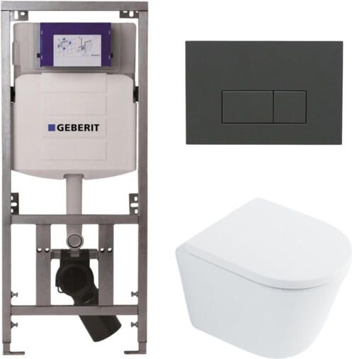 Geberit QeramiQ Dely Toiletset 36.3x51.7cm diepspoel rimless UP320 Burda inbouwreservoir softclose toilet zitting 35 mm bedieningsplaat antraciet mat rechthoekige knoppen wit glans SW1026255 SW1159505 0701131 SW1102377