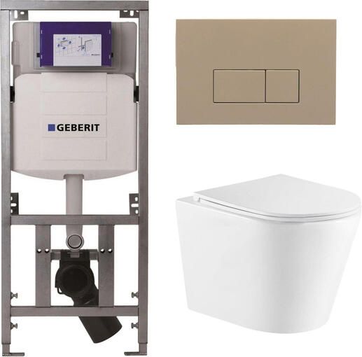 Geberit QeramiQ Dely Toiletset 36.3x51.7cm diepspoel rimless UP320 inbouwreservoir met Burda frame softclose toiletzitting bedieningsplaat taupe rechthoekige knoppen wit mat SW1026254 0701131 SW1102379 SW1000766