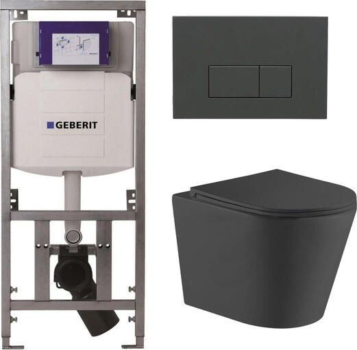 Geberit QeramiQ Dely Toiletset 36.3x51.7cm diepspoel rimless UP320 inbouwreservoir met Burda frame softclose toiletzitting bedieningsplaat antraciet mat rechtehoekige knoppen mat zwart SW1026253 0701131 SW1102377 SW1000768