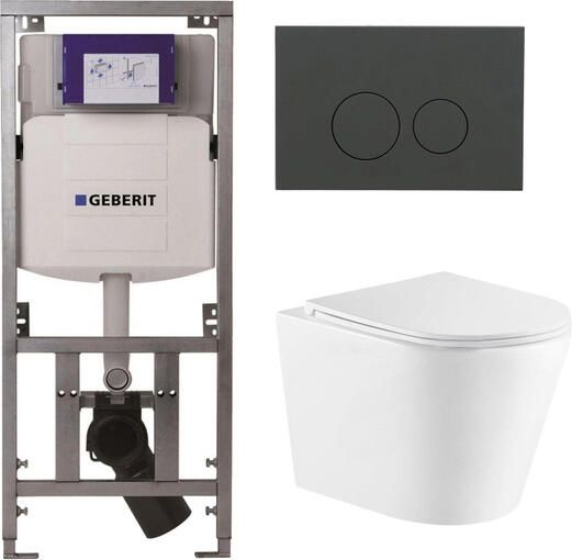 Geberit QeramiQ Dely Toiletset 36.3x51.7cm diepspoel rimless UP320 inbouwreservoir met Burda frame softclose toiletzitting bedieningsplaat mat antraciet ronde knoppen wit glans SW1026255 0701131 SW1102376 SW1159504