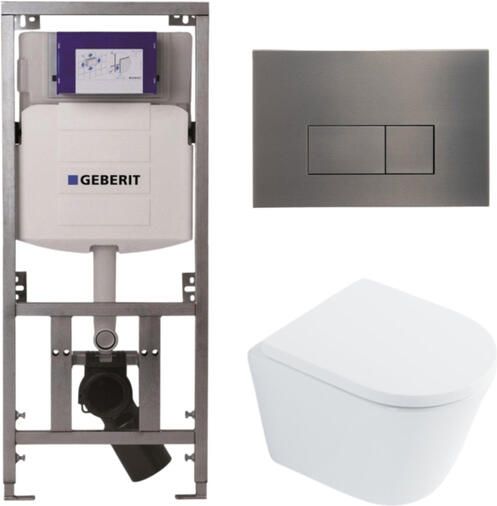 Geberit QeramiQ Dely Toiletset 36.3x51.7cm diepspoel rimless UP320 inbouwreservoir met Burda frame softclose toilet zitting 35 mm gunmetal bedieningsplaat rechthoekige knoppen wit glans SW1026255 SW1159505 0701131 SW706199