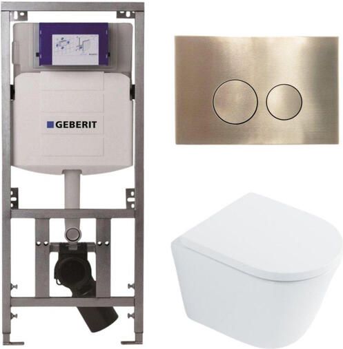Geberit QeramiQ Dely Toiletset 36.3x51.7cm diepspoel rimless UP320 inbouwreservoir met Burda frame softclose toilet zitting 35 mm geborsteld messing bedieningsplaat ronde knoppen wit glans SW1026255 SW1159505 0701131 SW706200