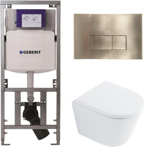 Geberit QeramiQ Dely Toiletset 36.3x51.7cm diepspoel rimless UP320 inbouwreservoir met Burda frame softclose toilet zitting 35 mm geborsteld messing bedieningsplaat rechthoekige knoppen wit glans SW1026255 SW1159505 0701131 SW706201