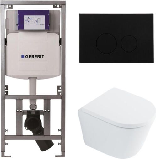 Geberit QeramiQ Dely Toiletset 36.3x51.7cm diepspoel rimless UP320 inbouwreservoir met Burda frame softclose toilet zitting 35 mm kunststof mat zwarte bedieningsplaat ronde knoppen wit glans SW1026255 SW1159505 0701131 SW706188