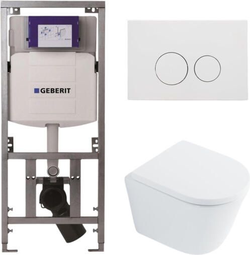 Geberit QeramiQ Dely Toiletset 36.3x51.7cm diepspoel rimless UP320 inbouwreservoir met Burda frame softclose toilet zitting 35 mm mat witte bedieningsplaat ronde knoppen wit glans SW1026255 SW1159505 0701131 SW706190