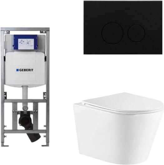 Geberit QeramiQ Dely Toiletset 36.3x51.7cm diepspoel rimless UP320 inbouwreservoir met Burda frame softclose toiletzitting mat zwarte bedieningsplaat ronde knoppen wit glans SW1026255 0701131 SW706192 SW1159504