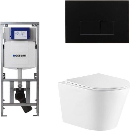 Geberit QeramiQ Dely Toiletset 36.3x51.7cm diepspoel rimless UP320 inbouwreservoir met Burda frame softclose toiletzitting mat zwarte bedieningsplaat rechtehoekige knoppen wit glans SW1026255 0701131 SW706193 SW1159504