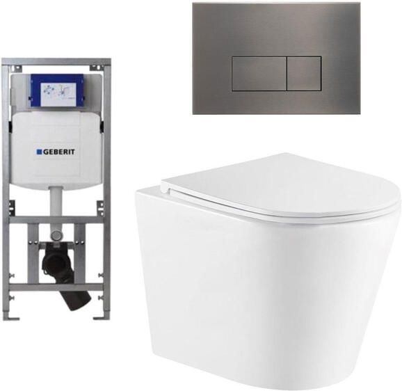 Geberit QeramiQ Dely Toiletset 36.3x51.7cm diepspoel rimless UP320 inbouwreservoir met Burda frame softclose toiletzitting gunmetal bedieningsplaat rechtehoekige knoppen wit mat SW1026254 0701131 SW706199 SW1000766