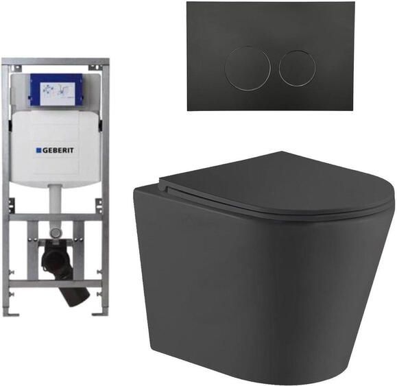 Geberit QeramiQ Dely Toiletset 36.3x51.7cm diepspoel rimless UP320 inbouwreservoir met Burda frame softclose toiletzitting mat zwarte bedieningsplaat ronde knoppen zwart mat SW1026253 0701131 SW706188 SW1000768