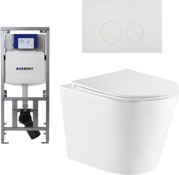 Geberit QeramiQ Dely Toiletset 36.3x51.7cm diepspoel rimless UP320 inbouwreservoir met Burda frame softclose toiletzitting glans witte bedieningsplaat ronde knoppen wit glans SW1026255 0701131 SW706186 SW1159504