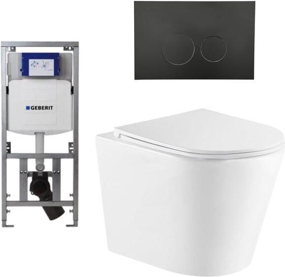 Geberit QeramiQ Dely Toiletset 36.3x51.7cm diepspoel rimless UP320 inbouwreservoir met Burda frame softclose toiletzitting mat zwarte bedieningsplaat ronde knoppen wit glans SW1026255 0701131 SW706188 SW1159504 - Foto 1