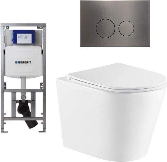 Geberit QeramiQ Dely Toiletset 36.3x51.7cm diepspoel rimless UP320 inbouwreservoir met Burda frame softclose toiletzitting gunmetal bedieningsplaat ronde knoppen mat wit SW1000766 0701131 SW706198 SW1026254