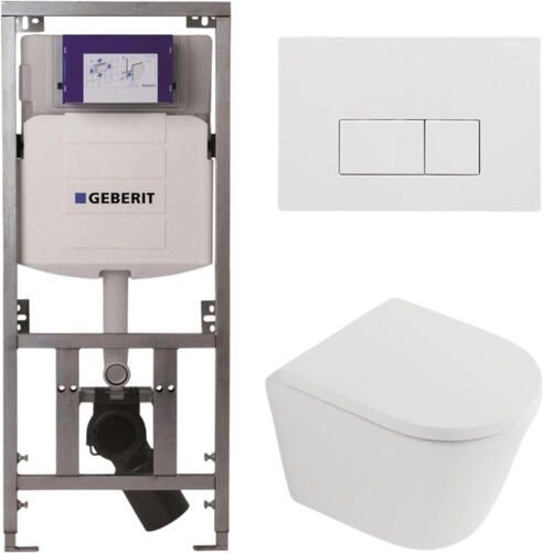 Geberit QeramiQ Dely Toiletset 36.3x51.7cm diepspoel rimless UP320 inbouwreservoir met Burda frame softclose toilet zitting 35 mm glans witte bedieningsplaat rechthoekige knoppen mat wit SW1026254 SW1000767 0701131 SW706187