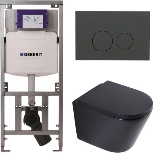Geberit QeramiQ Dely Toiletset 36.3x51.7cm diepspoel rimless UP320 inbouwreservoir softclose toilet zitting 35 mm bedieningsplaat mat antraciet ronde knoppen mat zwart SW1026253 SW1000769 0701131 SW1102376
