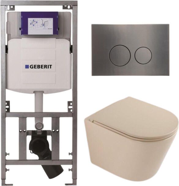 Geberit QeramiQ Dely Toiletset 36.3x51.7cm diepspoel rimless UP320 inbouwreservoir softclose toilet zitting gunmetal bedieningsplaat ronde knoppen mat beige SW1000764 SW1000770 0701131 SW706198
