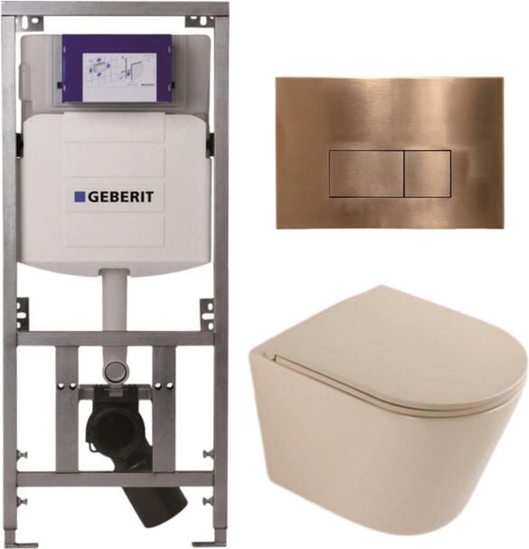 Geberit QeramiQ Dely Toiletset 36.3x51.7cm diepspoel rimless UP320 inbouwreservoir softclose toilet zitting koperen bedieningsplaat rechthoekige knoppen mat beige SW1000764 SW1000770 0701131 SW706197