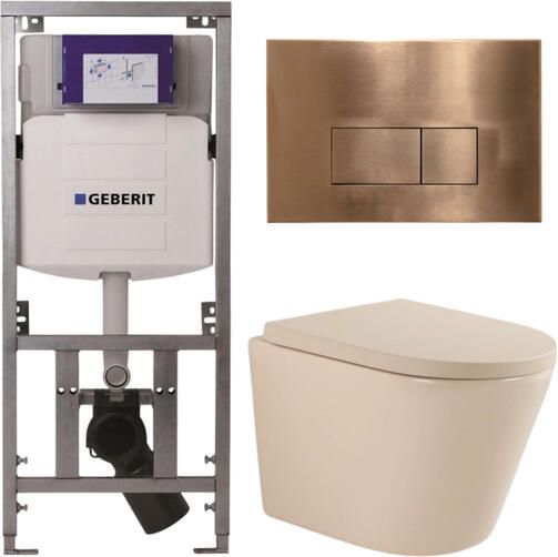 Geberit QeramiQ Dely Toiletset 36.3x51.7cm diepspoel rimless UP320 inbouwreservoir softclose toilet zitting 35 mm koperen bedieningsplaat rechthoekige knoppen mat beige SW1000764 SW1000771 0701131 SW706197