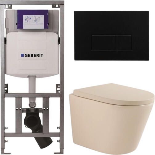 Geberit QeramiQ Dely Toiletset 36.3x51.7cm diepspoel rimless UP320 inbouwreservoir softclose toilet zitting 35 mm kunstof mat zwarte bedieningsplaat rechthoekige knoppen mat beige SW1000764 SW1000771 0701131 SW706189