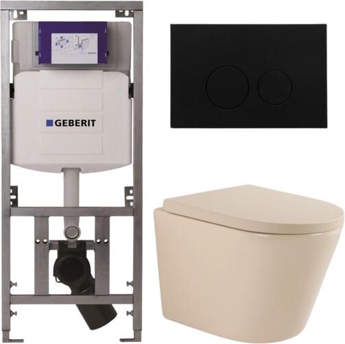 Geberit QeramiQ Dely Toiletset 36.3x51.7cm diepspoel rimless UP320 inbouwreservoir softclose toilet zitting 35 mm kunststof mat zwarte bedieningsplaat ronde knoppen mat beige SW1000764 SW1000771 0701131 SW706188